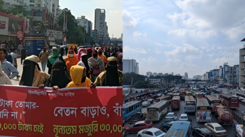 উত্তরায় সড়ক অবরোধ করে পোশাকশ্রমিকদের বিক্ষোভ, তীব্র যানজট