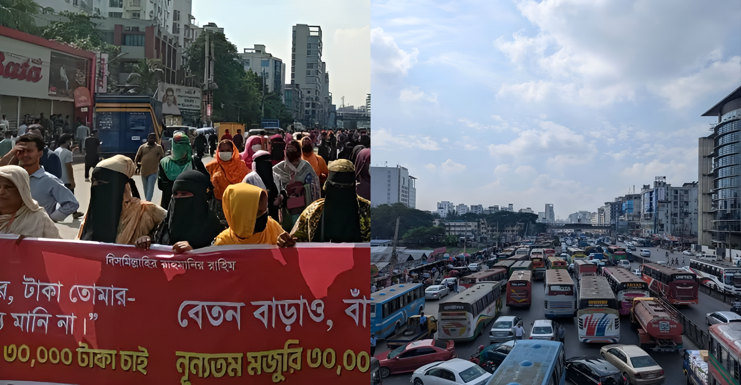 উত্তরায় সড়ক অবরোধ করে পোশাকশ্রমিকদের বিক্ষোভ, তীব্র যানজট